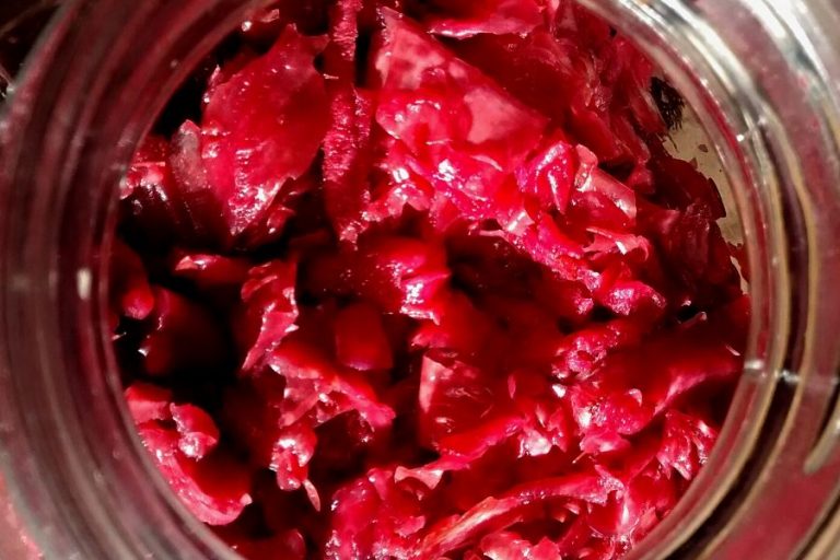 A jar of fermented, purple cabbage