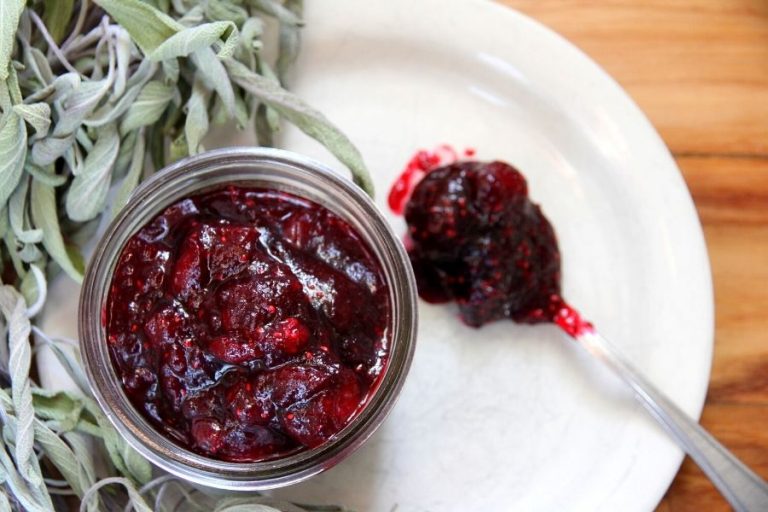 a glass jar filled with homemade cranberry sauce