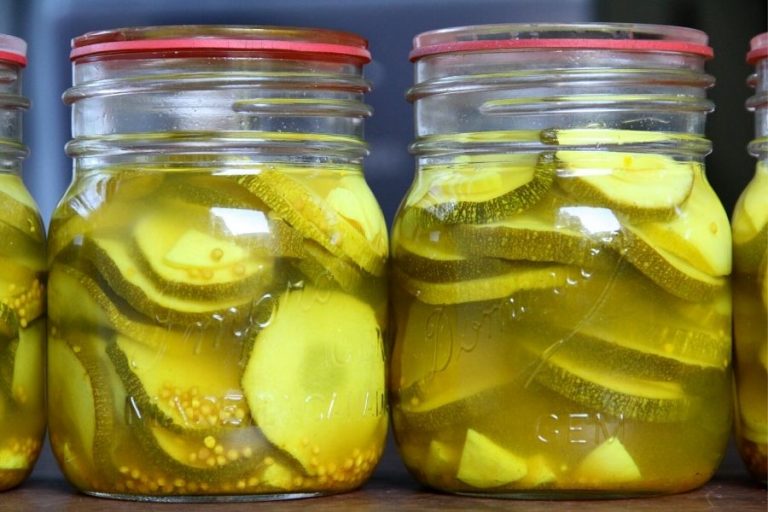 Pint jars of pickled zucchinis for the pantry