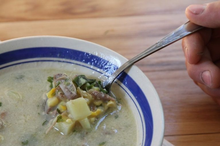 a spoonful of duck and corn chowder