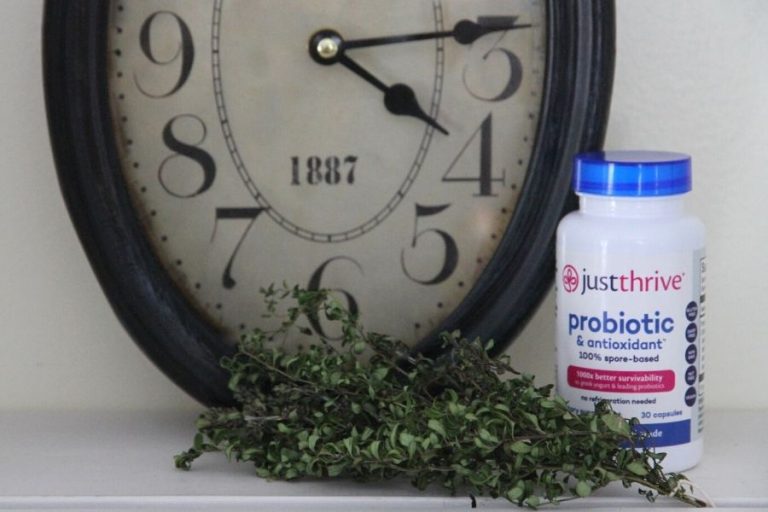 a bottle of Just Thrive Probiotic pills