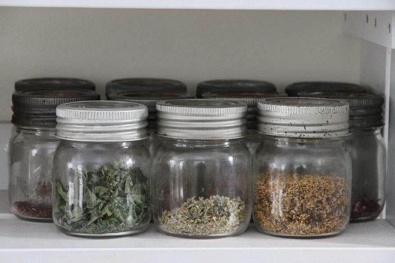 a row of small mason jars filled with tea and herbs