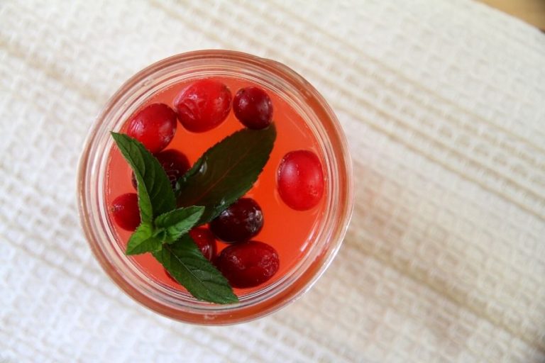 A jar filled with this refreshing rhubarb drink recipe with red cranberries and mint