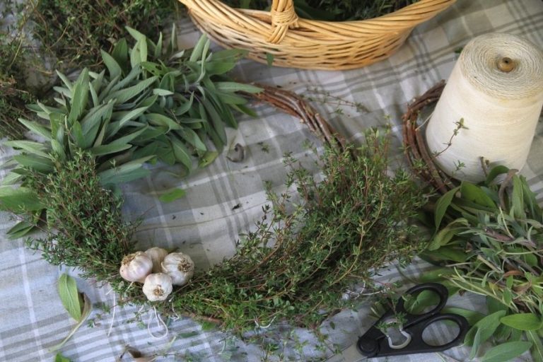 A homemade wreath frame filled with sage, thyme and garlic