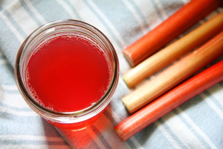 a jar of rhubarb juice concentrate on a blue cloth with red rhubarb stalks nearby