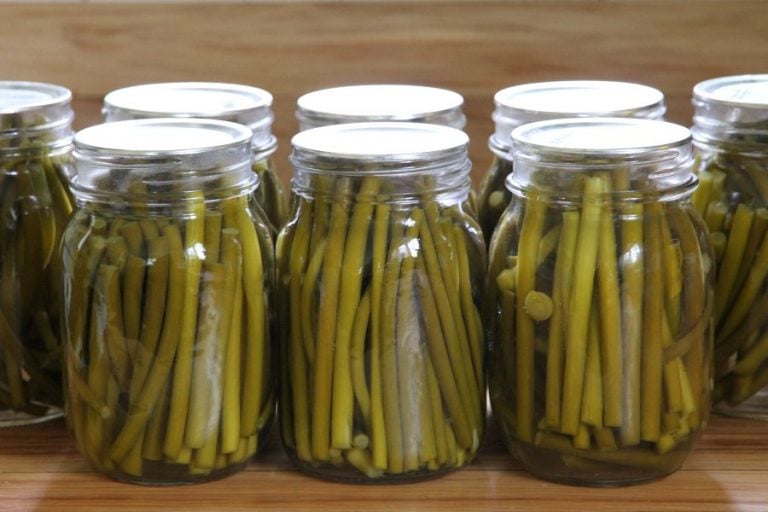 Seven pint jars stuffed with upright pickled garlic scapes.