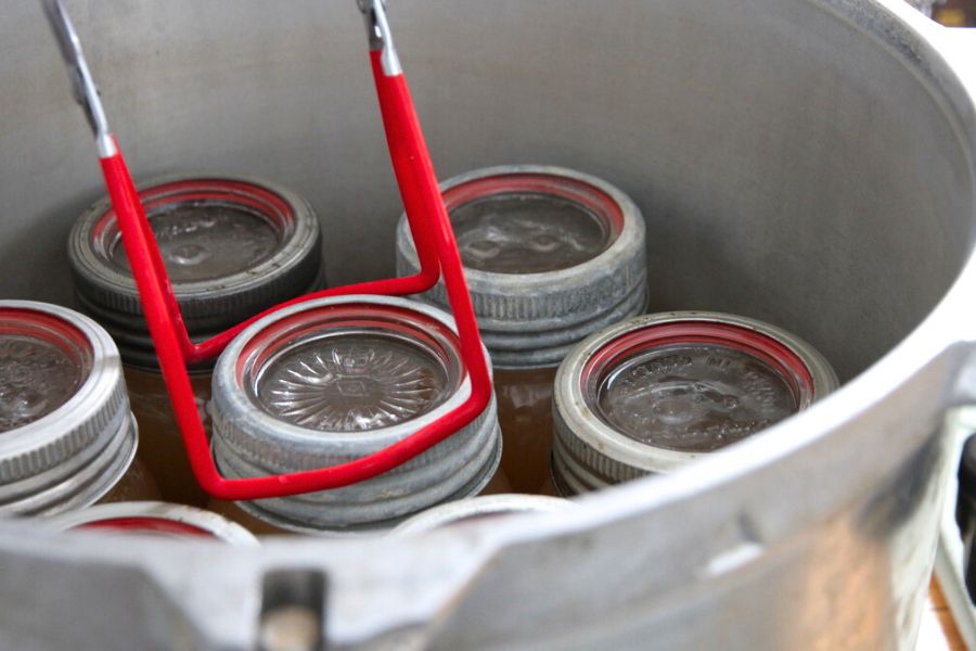 Jars of hot deer bone broth being loaded into the pressure canner with a jar lifter.