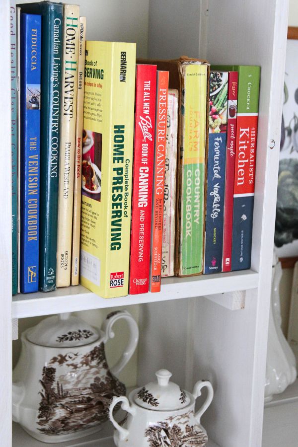 Canning books in a row of cookbooks in the kitchen