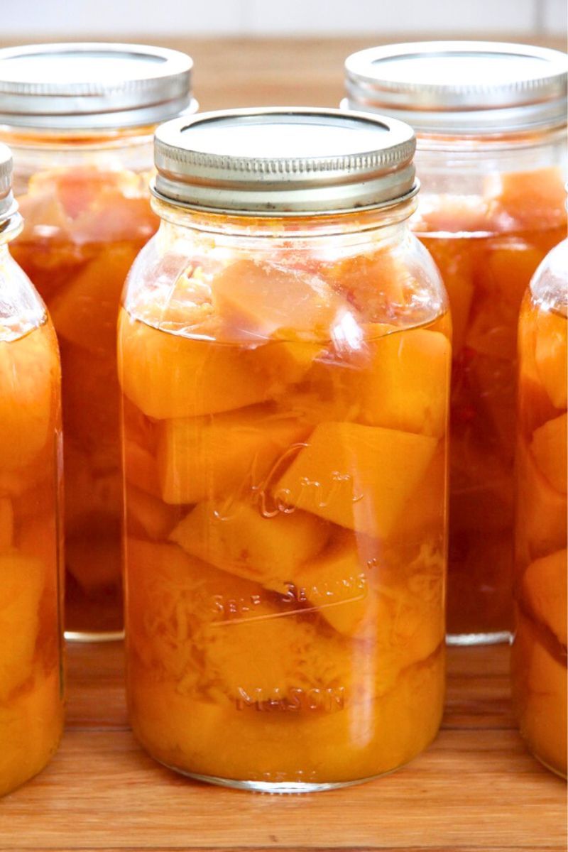 Quart jars of fresh canned pumpkin in cubes.