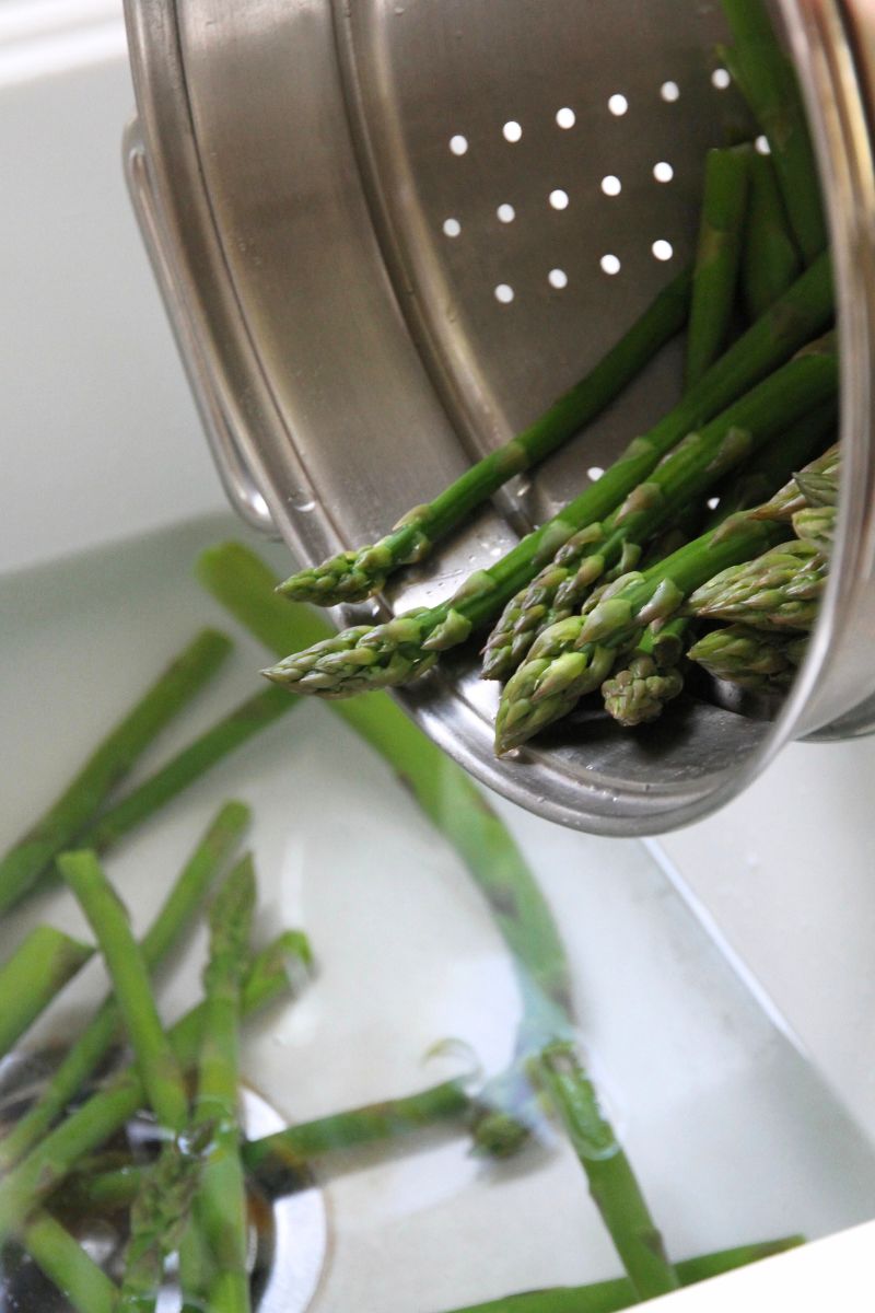 Dumping blanched asparagus from a colander into a white sink filled with cold water.