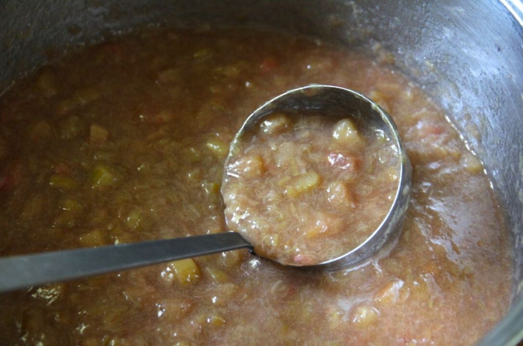 Rhubarb jam in a pot, with honey and pectin added.