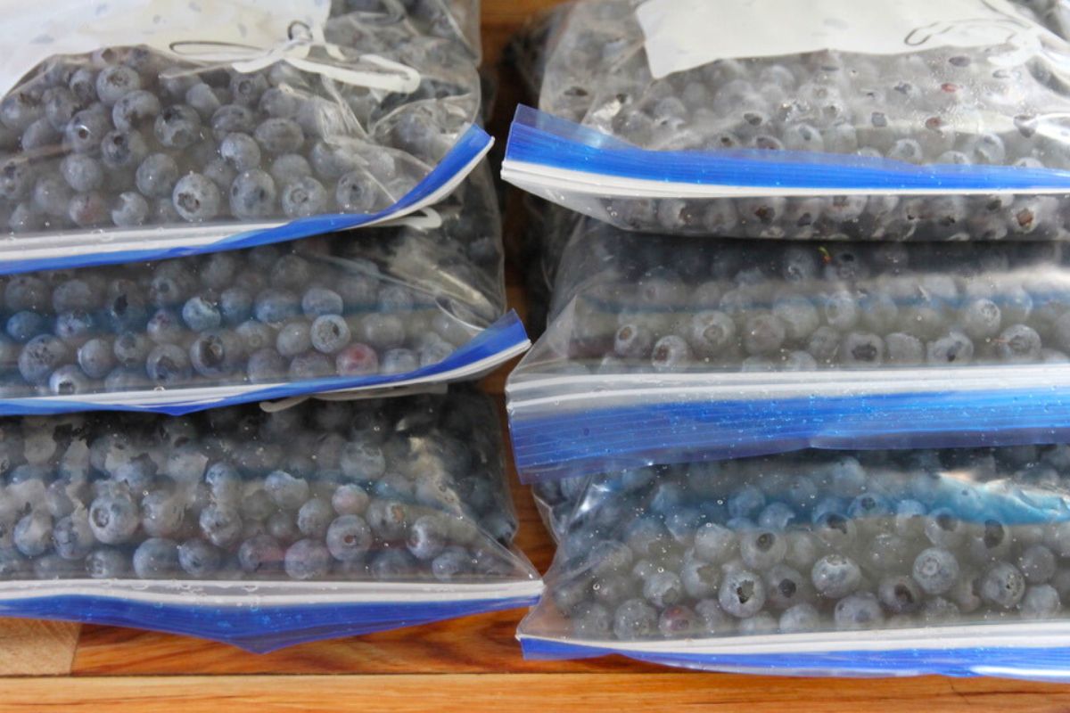 Filled, sealed and stacked bags of fresh blueberries.