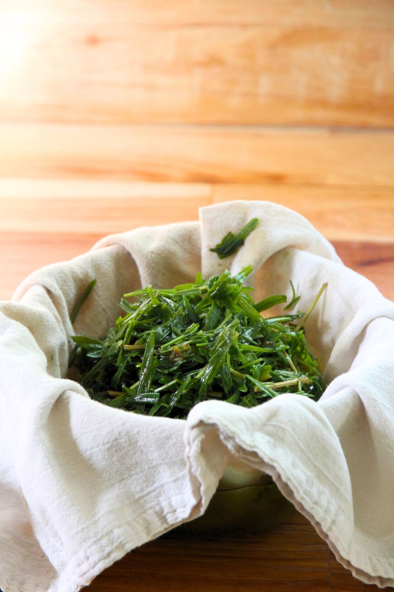 Lavender plant matter being filtered from oil in a cloth.