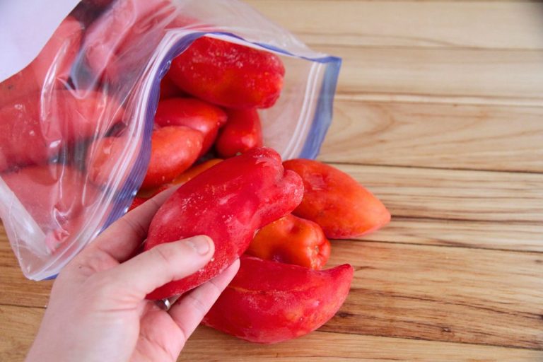 A bag of frozen paste tomatoes, ready for processing.