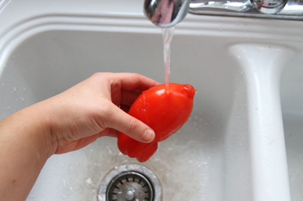 Holding a frozen tomato under hot running water to loosen the peel.