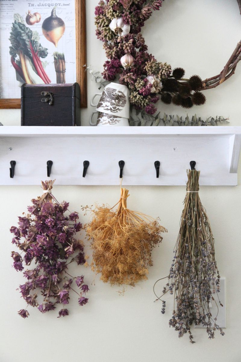 Bundles of wild bergamot, dill heads and sprigs of lavender buds hanging from cast iron hooks under a white kitchen shelf.