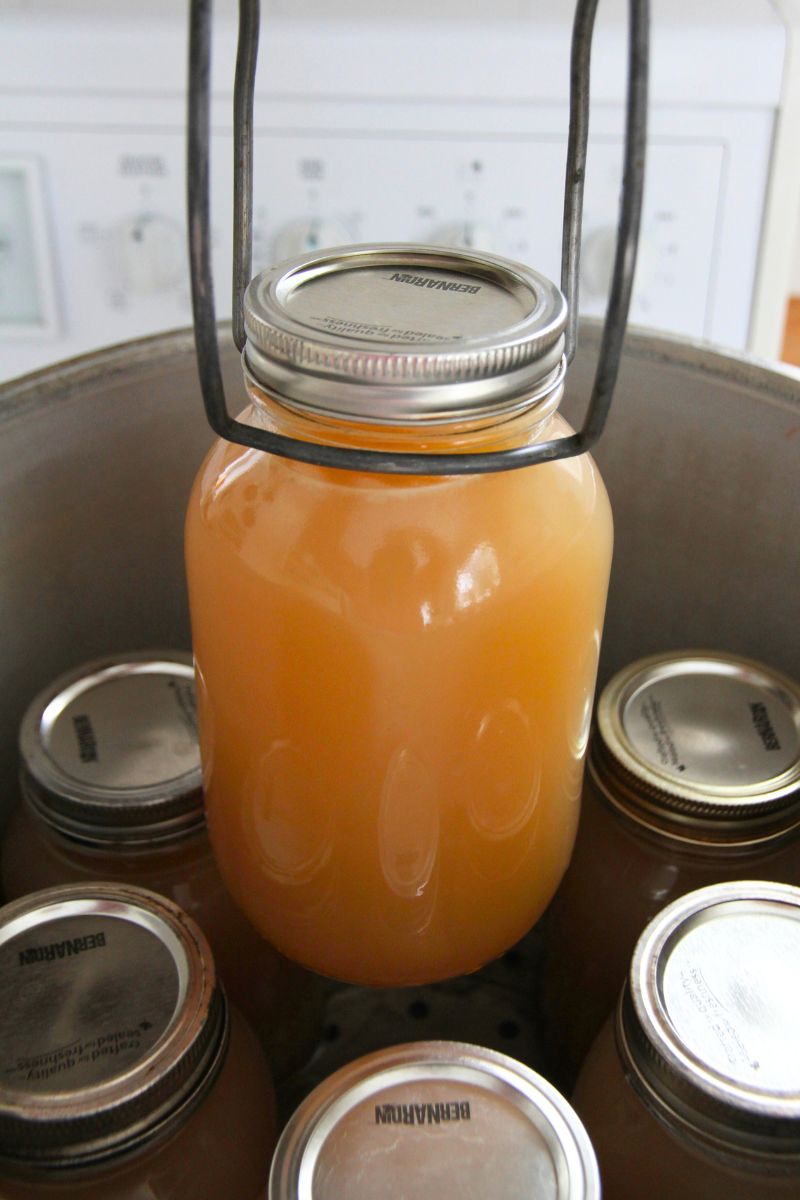 Using a jar lifter to transfer hot jars of bone broth into the pressure canner for processing.