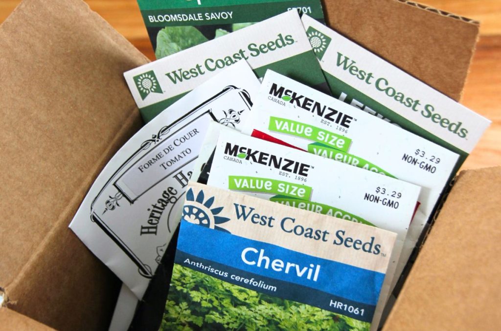 A box of garden seed packets from my favorite 3 companies in Canada