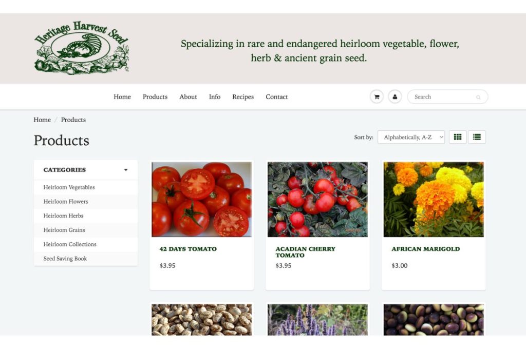 An image of the Heritage Harvest Seeds website, with images of rows of vegetable seeds.