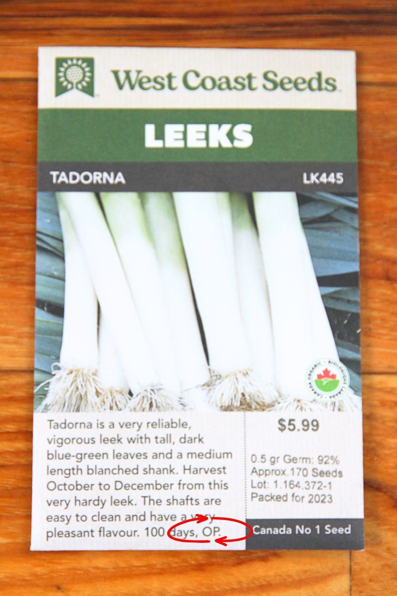 A package of leeks, showing the OP (open pollinated) sign.