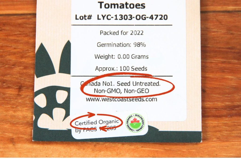 A package of tomato seeds, outlining that seeds are organic, non gmo, and no geo.