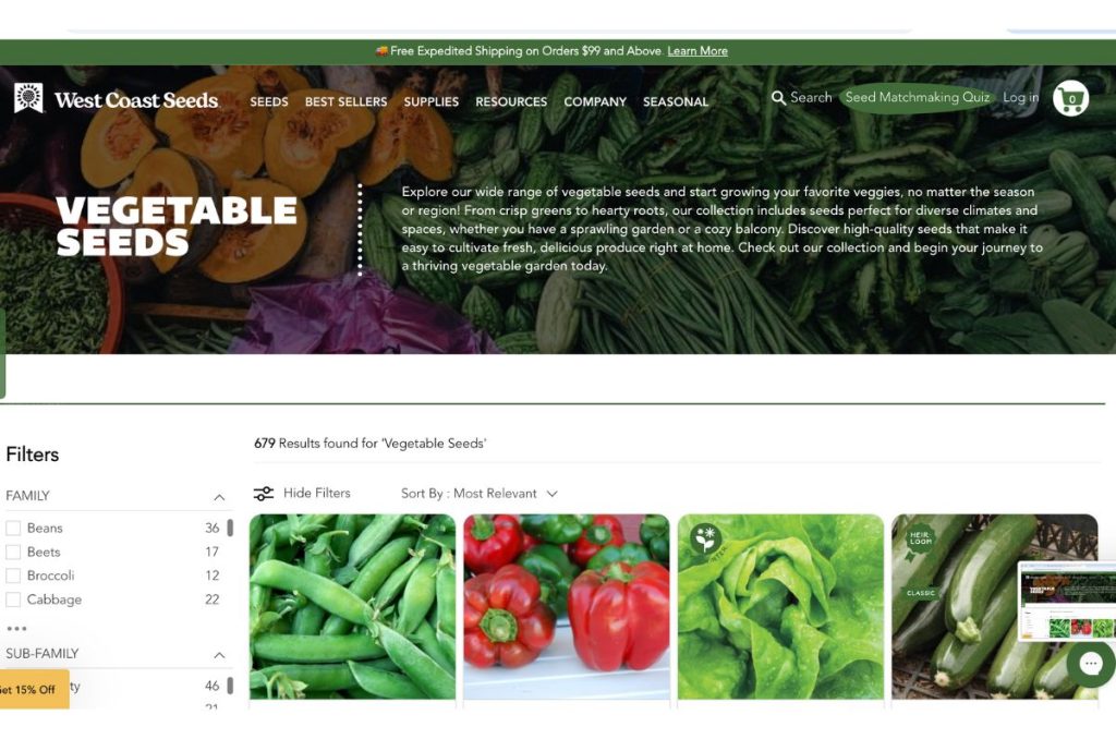 A image of West Coast Seeds website, showing rows of vegetable varieties that you can buy seed from.
