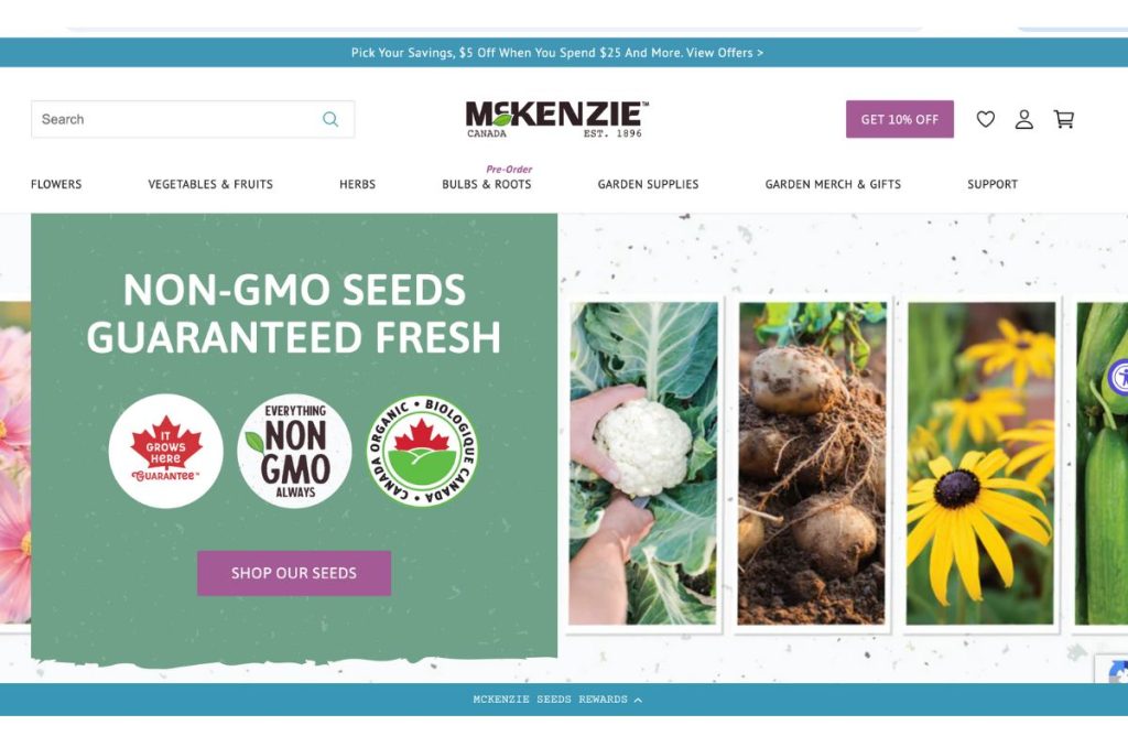 An image of the McKenzie seed website, showing off flower and vegetable varieties they carry for the backyard gardener.
