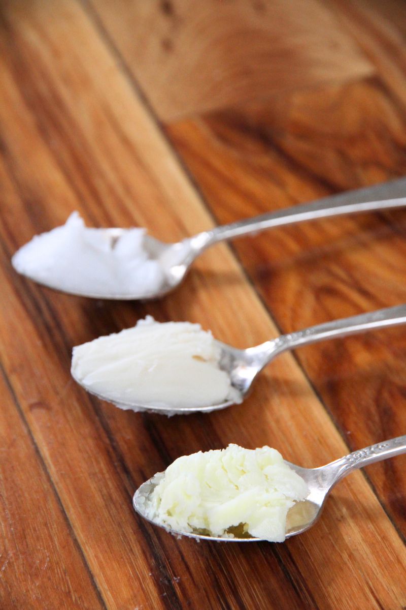 Spoons of coconut oil, tallow and lard in a row on a wood counter
