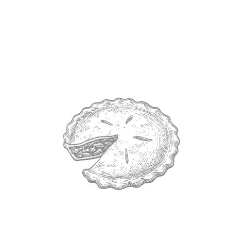An image of an ink and pen sketch of a meat pie with a wedge cut out.