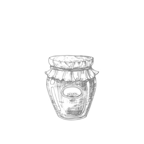 A jar of food with the mouth covered by a cloth that is tied into place.
