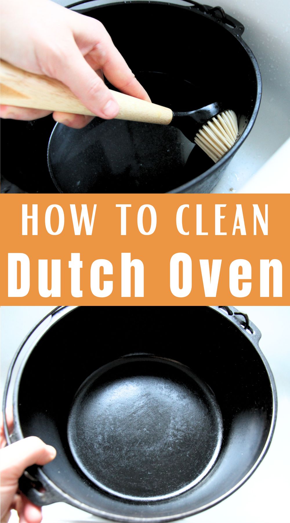 A cast iron dutch oven being cleaned naturally at the kitchen sink.