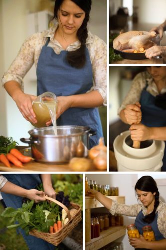 Collage of Autumn making soup, pounding cabbage for sauerkraut, gathering jars from the canning room.
