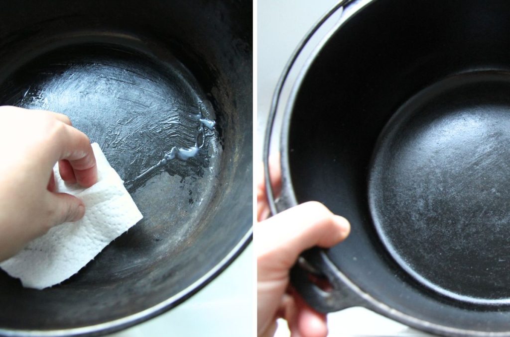 Two images: one of a dry cast iron dutch oven being spread with oil, and another image after cast iron has been well oiled and is glossy black.