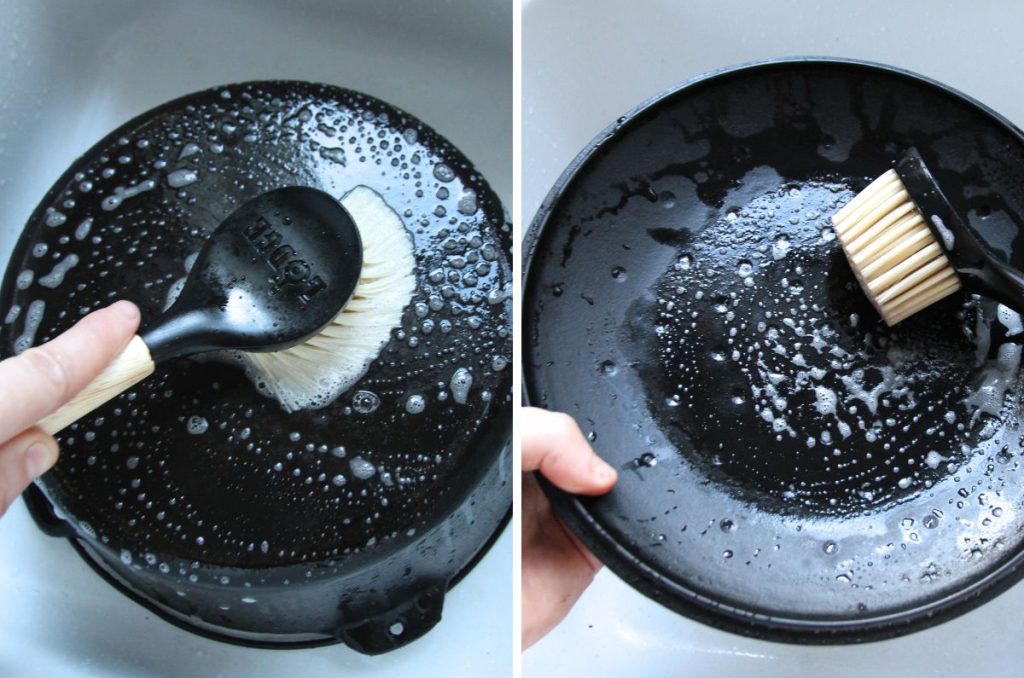 Two images: one scrubbing the outside of a cast iron dutch oven with warm soapy water and another scrubbing a cast iron lid.