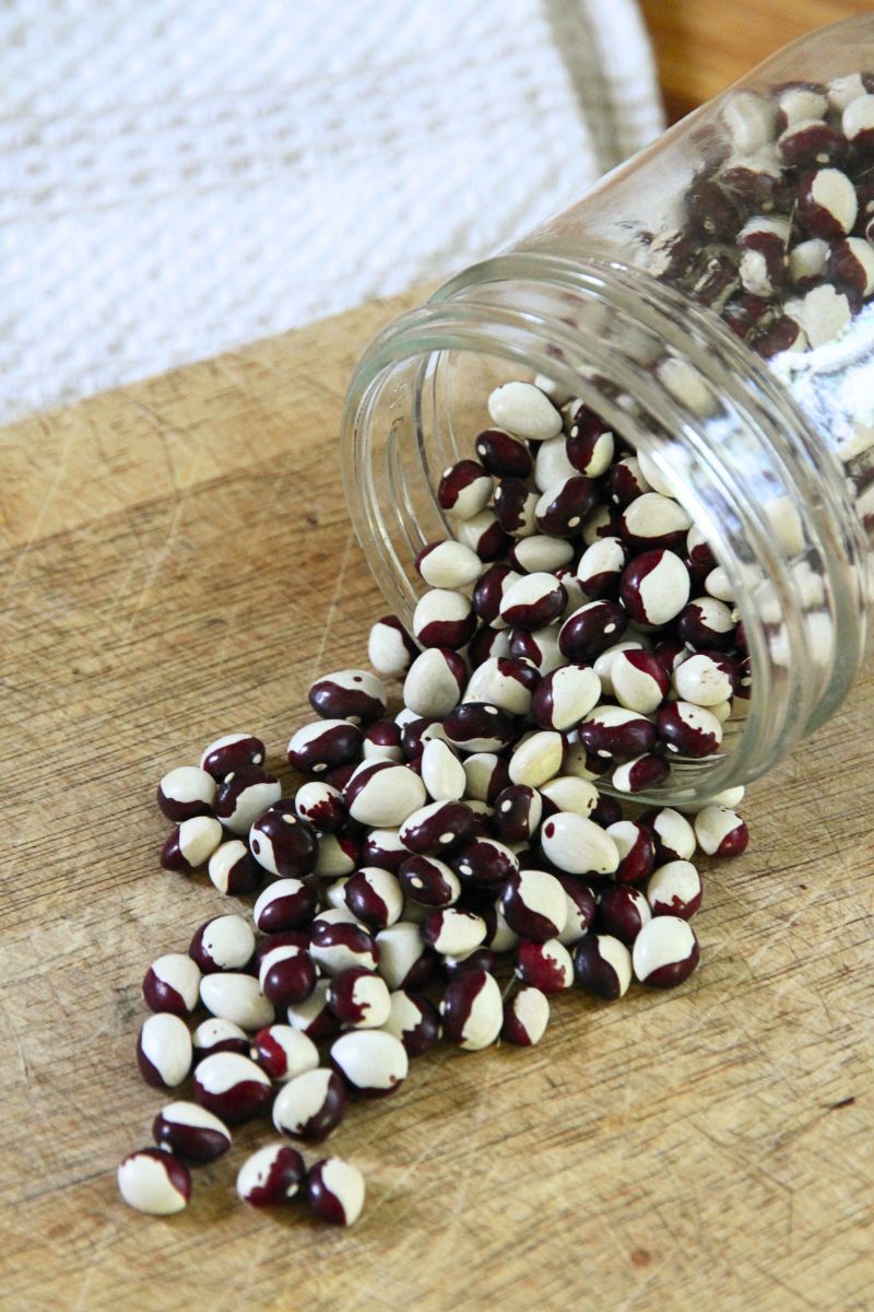 A jar of dry cranberry beans spilling out on a wooden cutting board.