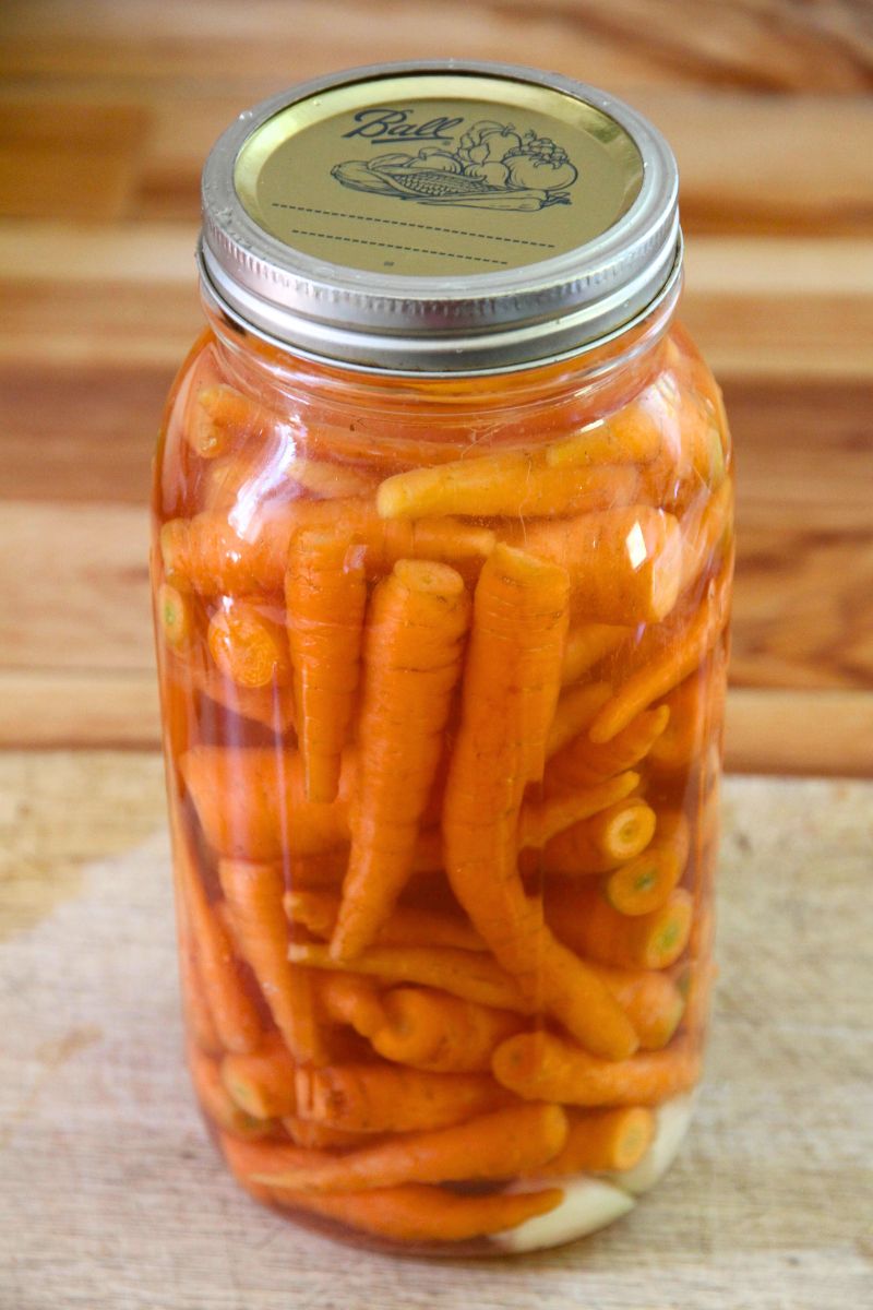A jar of thinned carrots from the garden in a salt water brine.