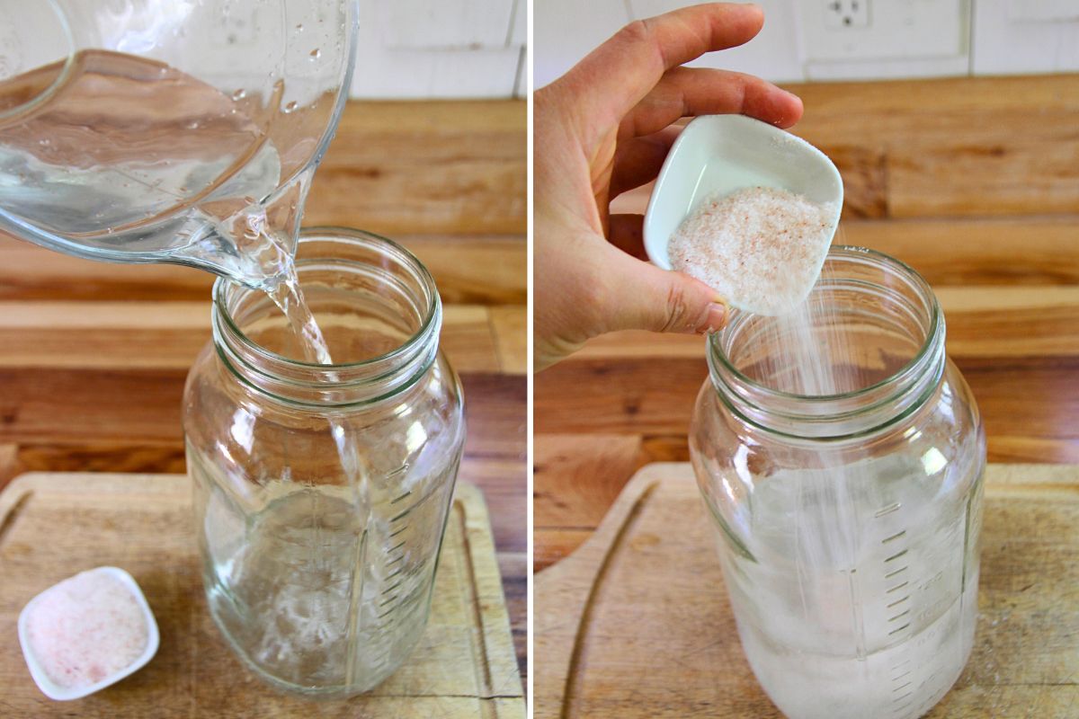 Pour filtered water and Himalayan salt into a half gallon jar.