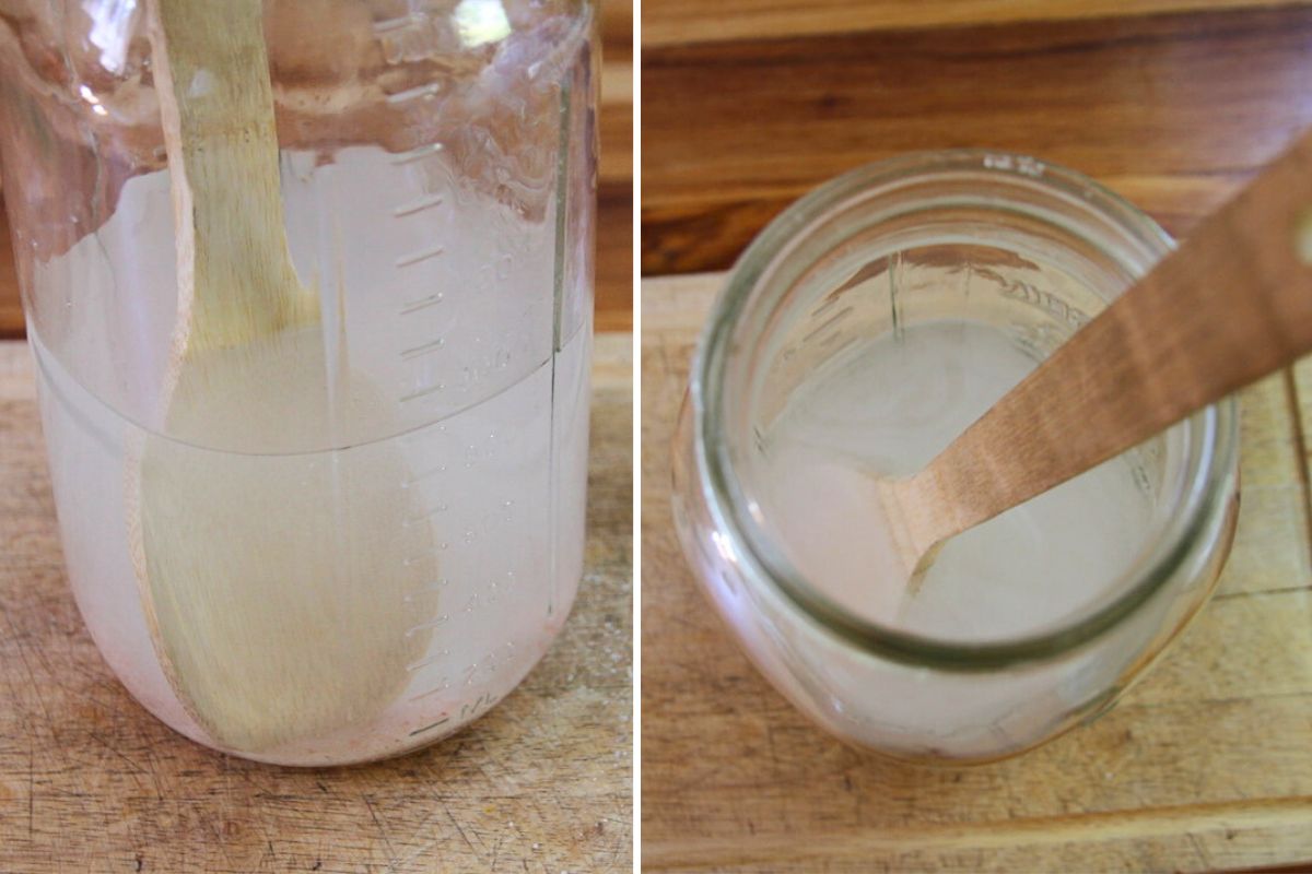 Stirring Himalayan salt and chlorine free water together in a glass jar.