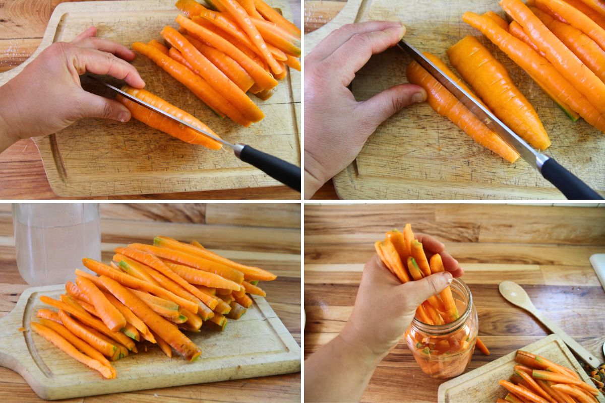 Slicing carrots for fermenting on a wooden cutting board.
