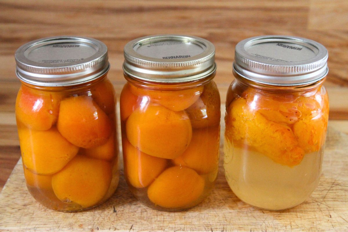2 pint jars of apricots that are plump and dispersed throughout the jar, and one jar with compressed & mushy apricots.