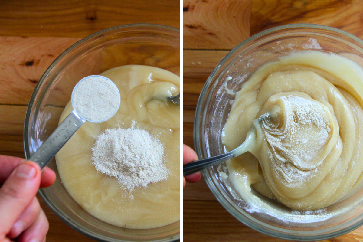 Measure Pomona's Universal Pectin powder into honey, and mixing the two to combine before adding to cooked strawberries. 