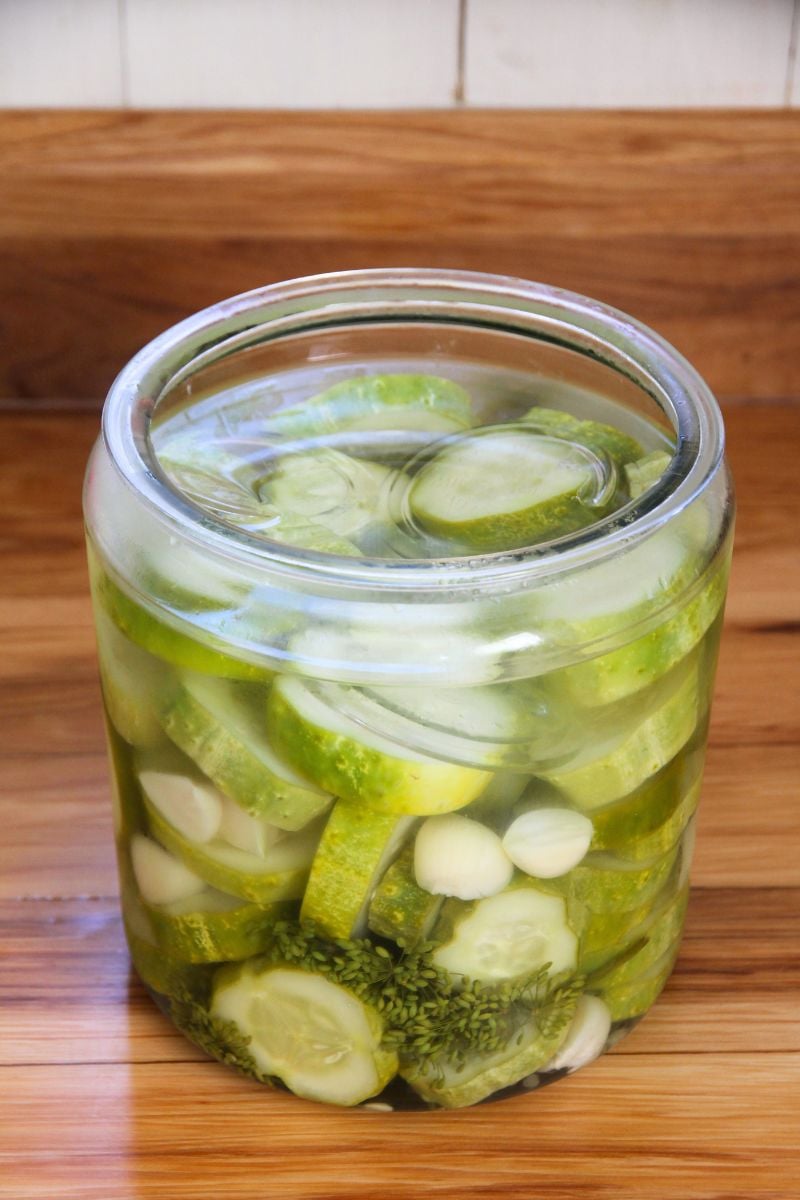 A jar of refrigerator pickles after brining for 4 days.