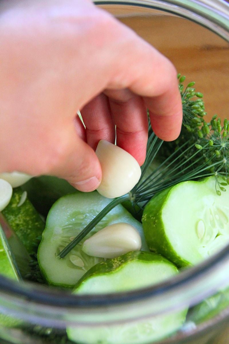 Adding fresh peeled garlic cloves to the jar of cucumbers.