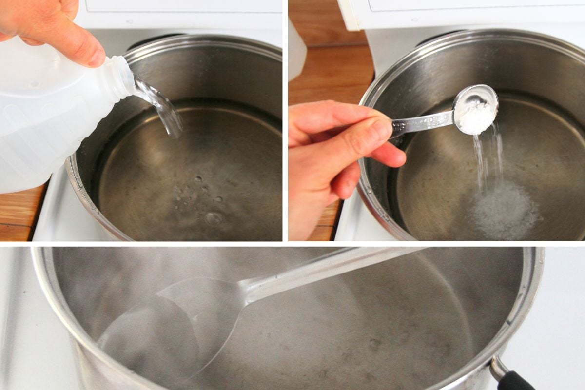 Adding water and salt to vinegar in a pot on the stove. 
