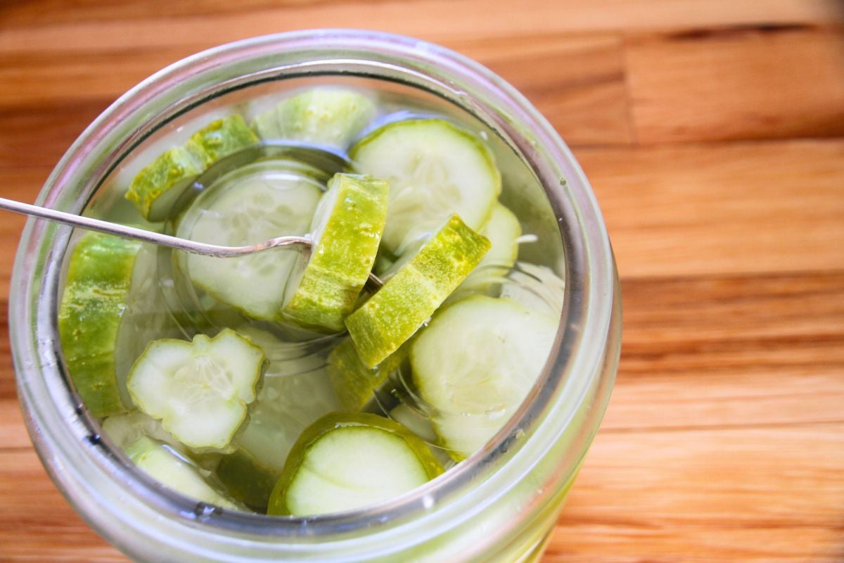 A fork spearing two slices of quick, refrigerator dill pickles.