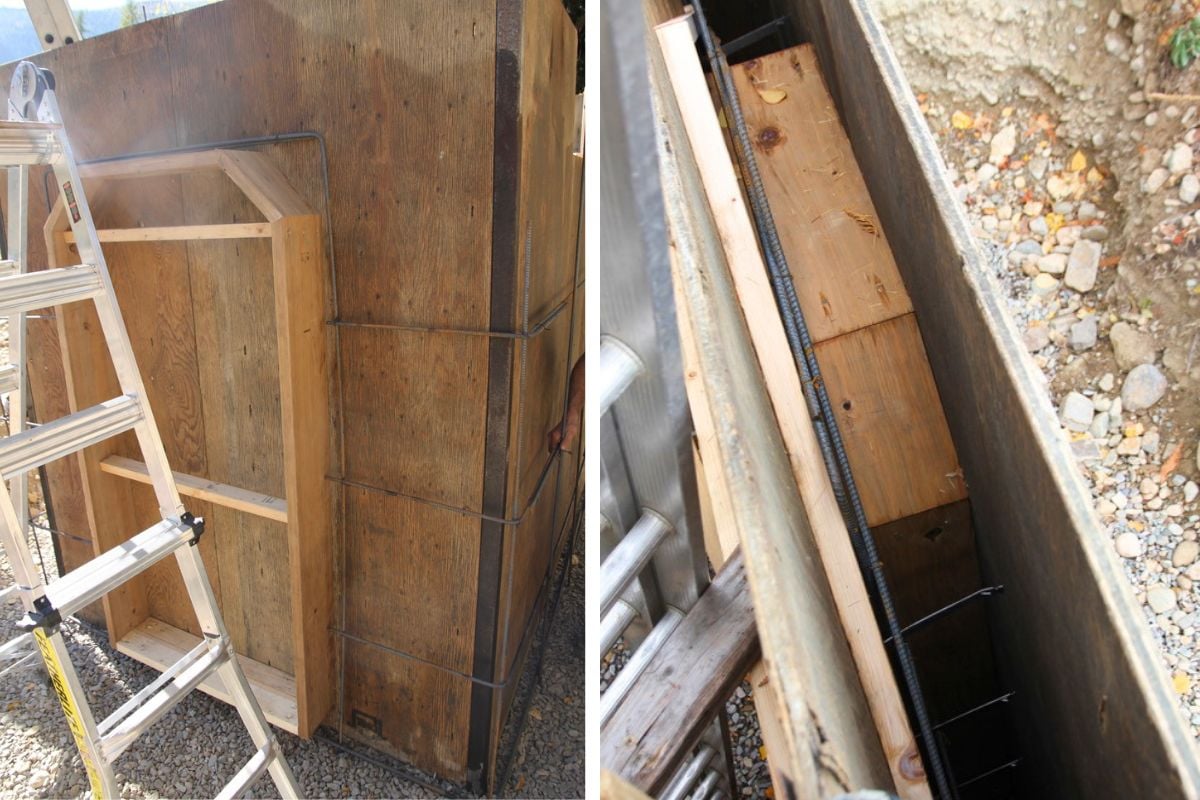 Two images, showing the treated wood blockout for the doorway of the root cellar. 