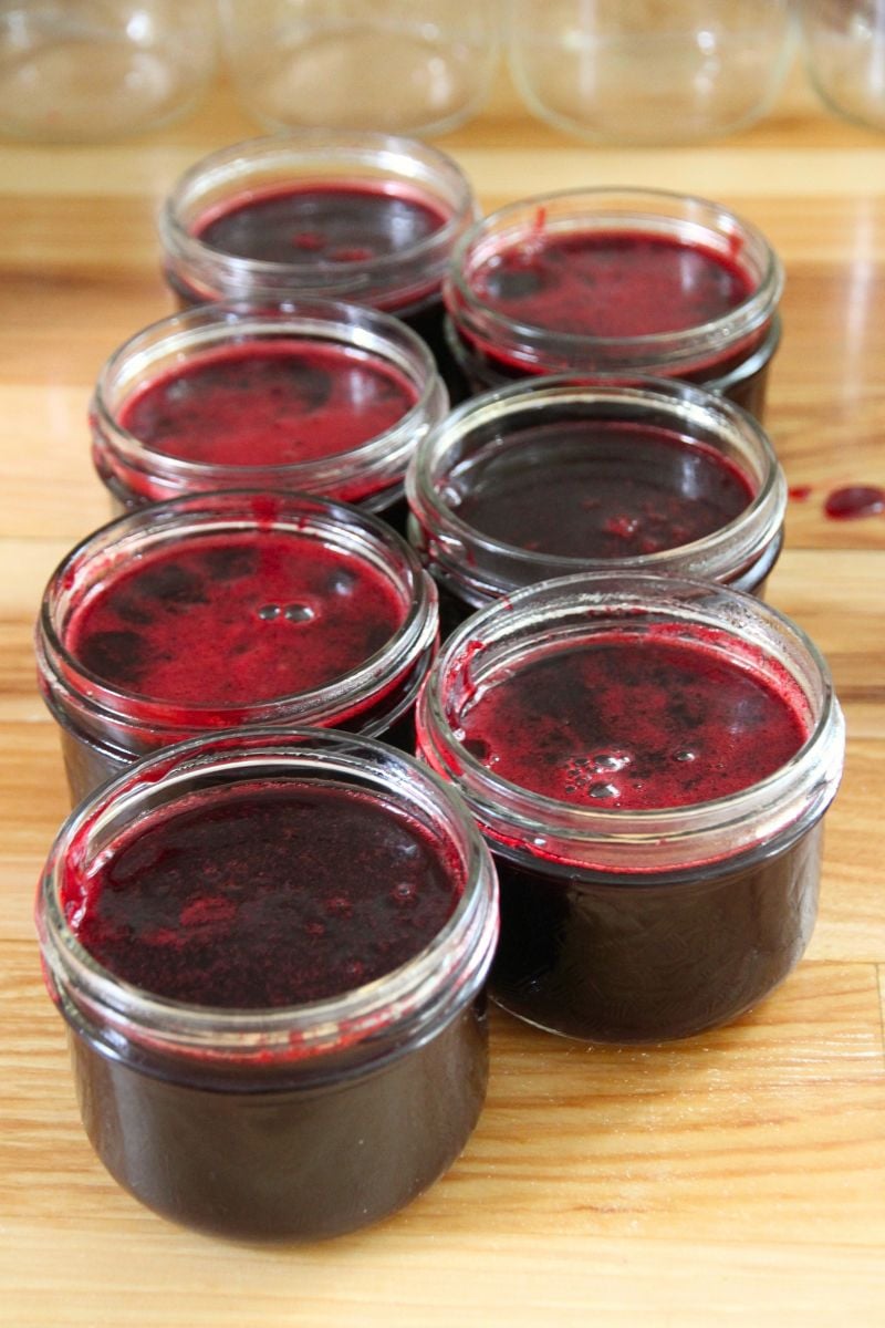 Jars of hot, liquid blackberry jelly that are ready for preserving.