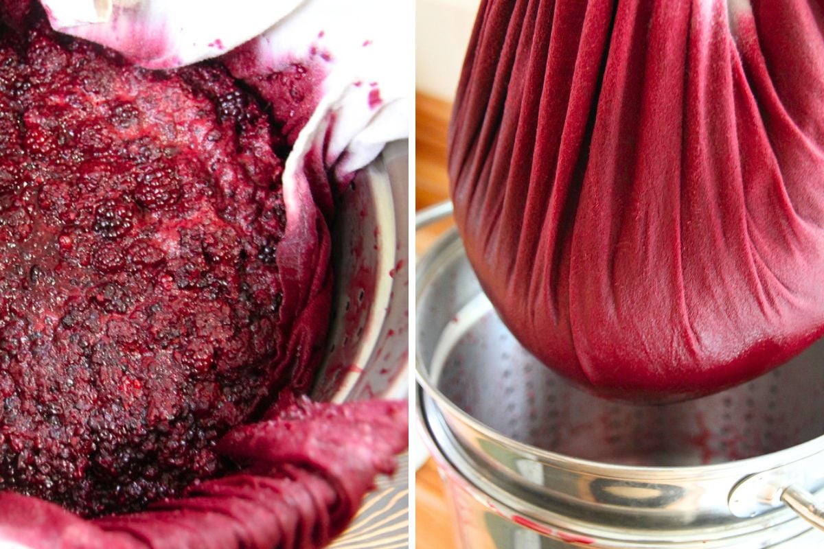 Making raw blackberry juice from mashed berries, by straining juice through a cotton cloth.
