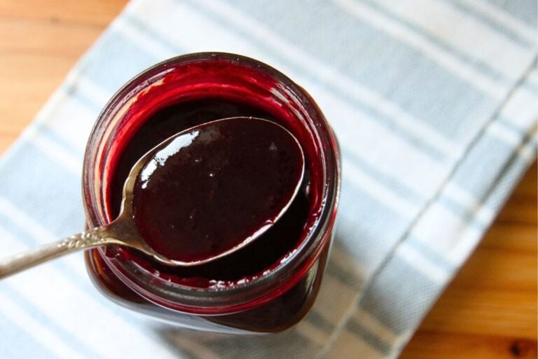 Honey sweetened blackberry syrup being spooned from the jar.