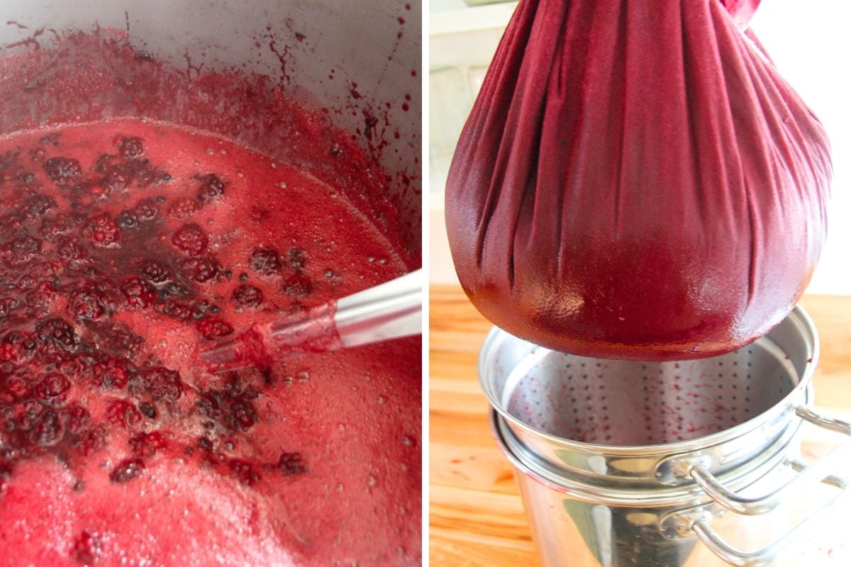 Cooking blackberries to release juices, and cooked berries being strained through a cloth.
